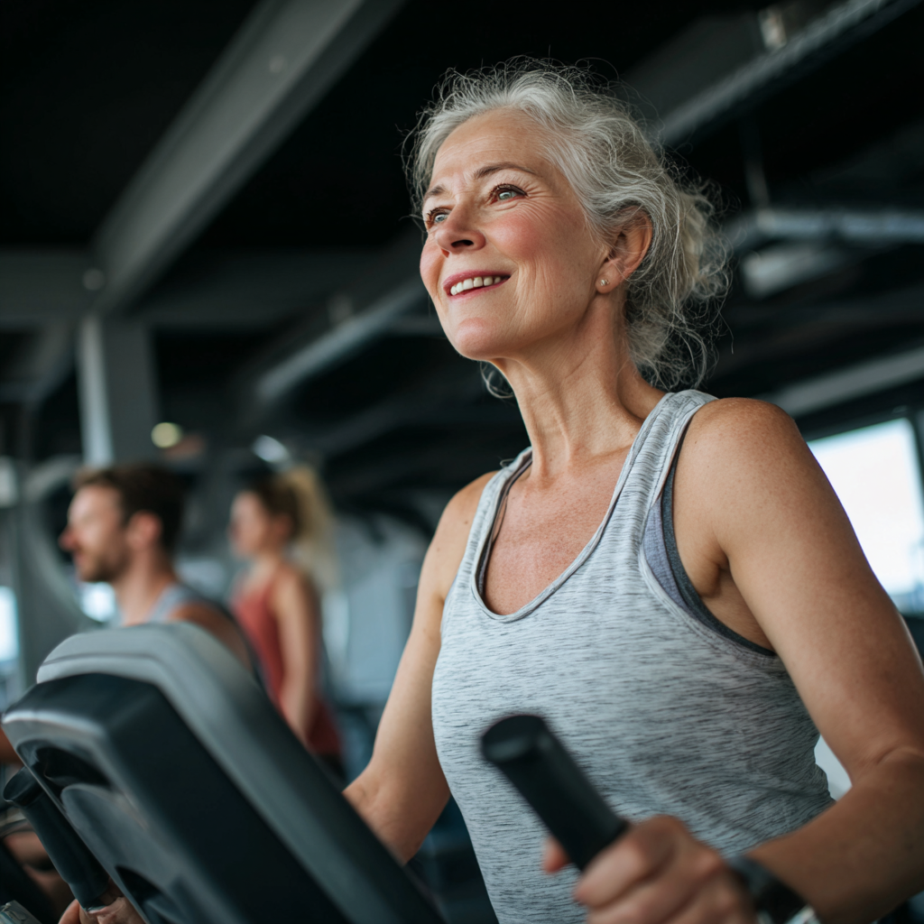 middle-aged woman at cardio training in modern training environment
