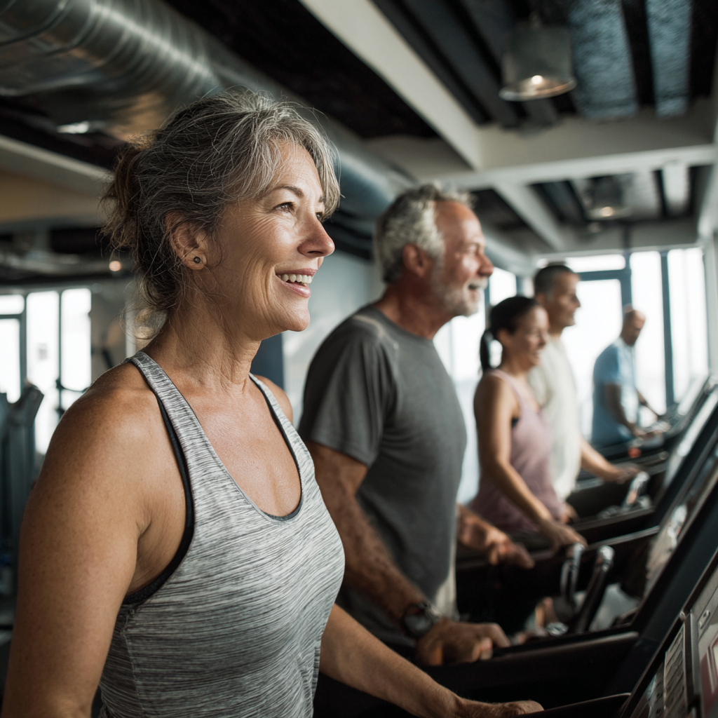 modern fitness facility with mature adults enjoying various exercise programs