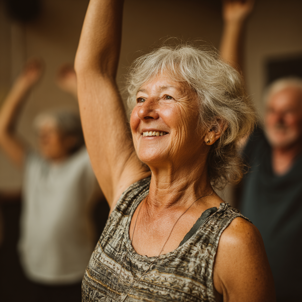 senior adult finding inner strength during mindful fitness session